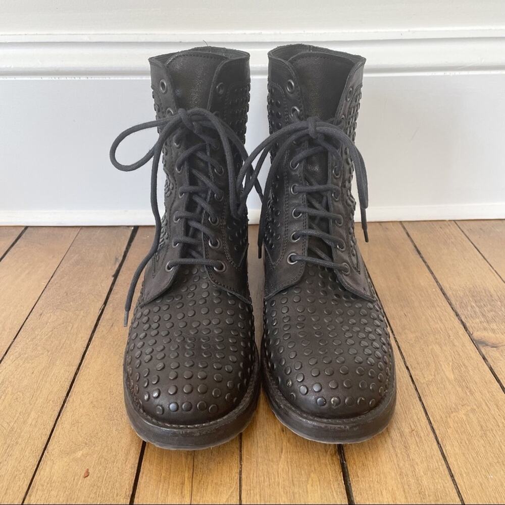 275 Central 1515 Black Leather Studded Lace Up Combat Boots 7 - Picture 2 of 8